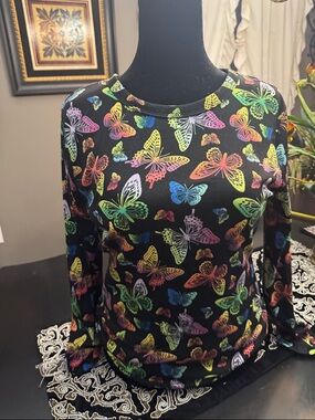 No Boundaries Black Long-Sleeve Top with Neon Butterfly Print